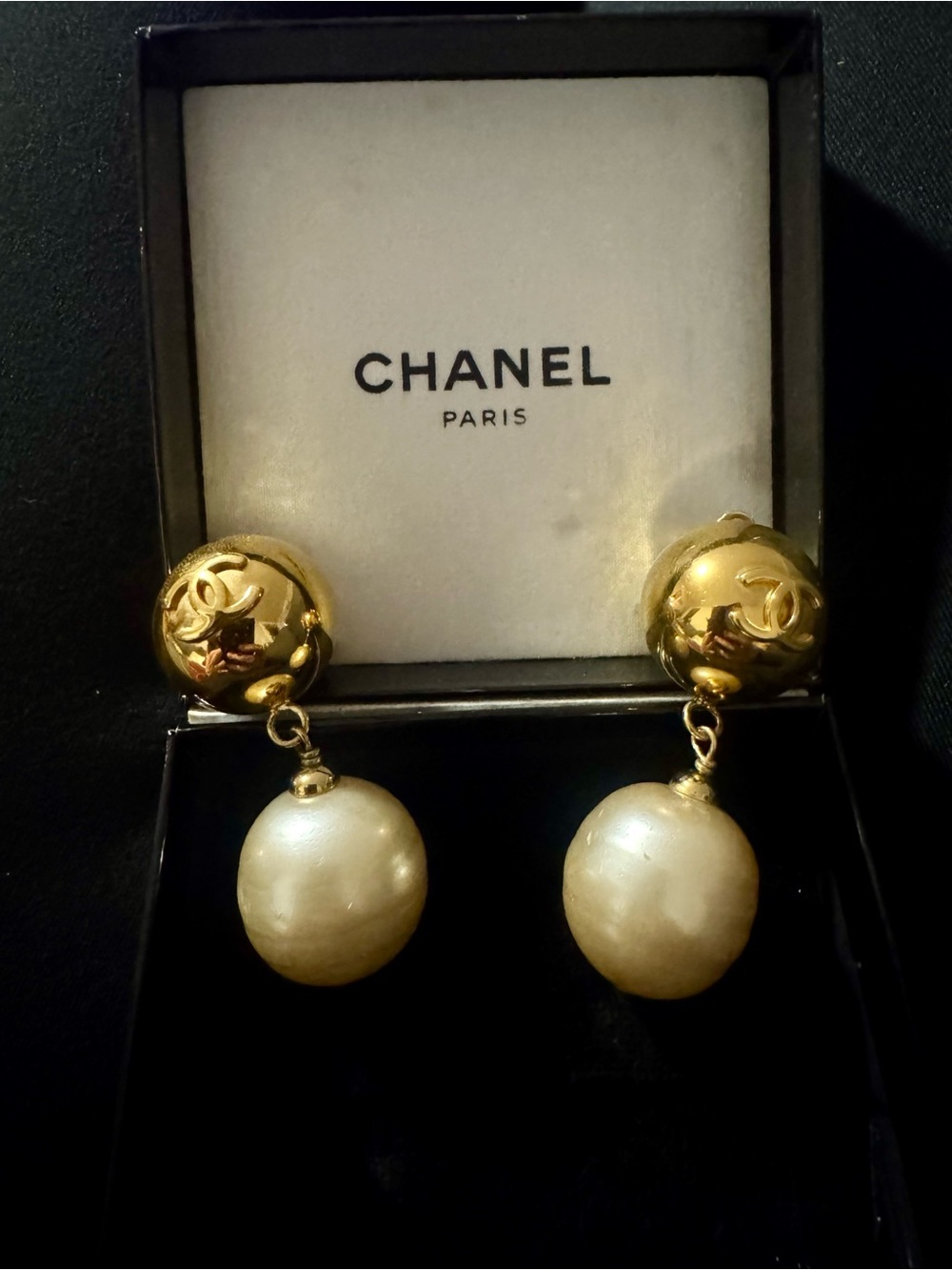 Chanel gold-toned sphere earrings faux pearl drops and iconic CC logos